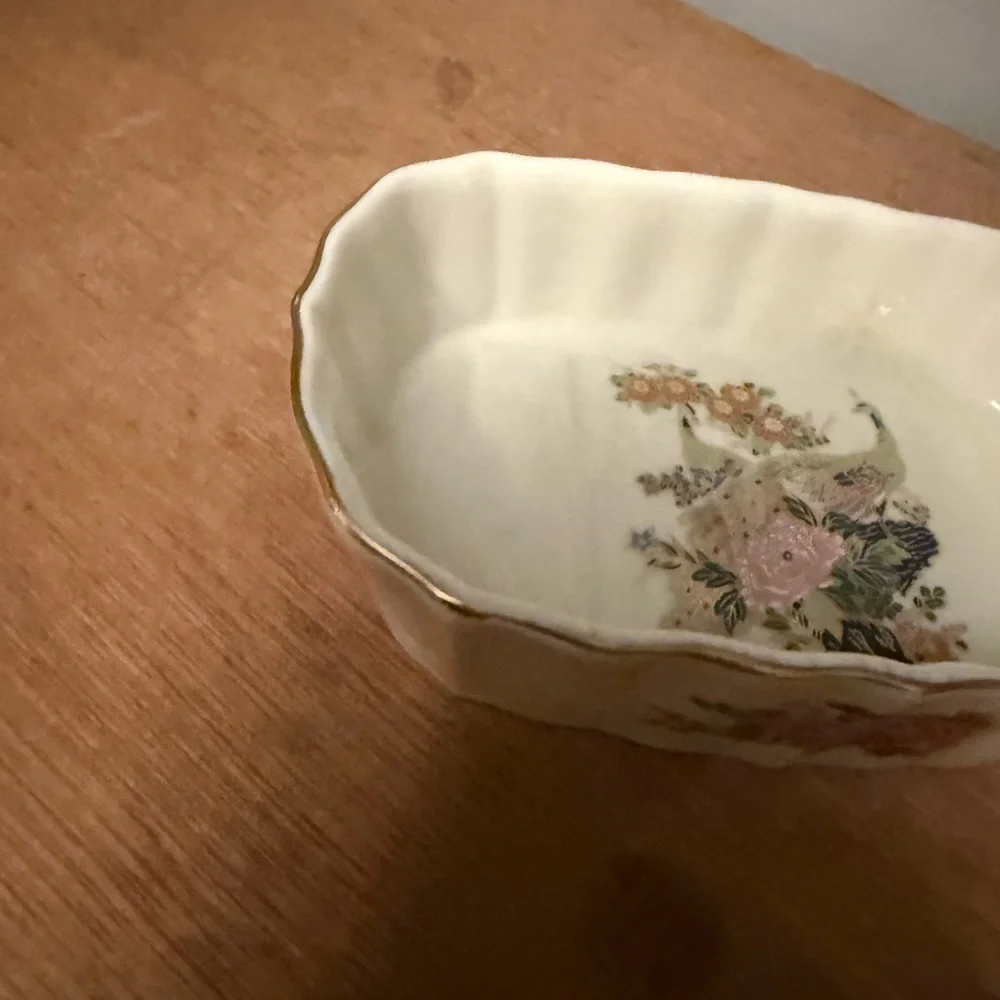Vintage Japanese Porcelain floral, bird, print gold edge Soap or Trinket Dish